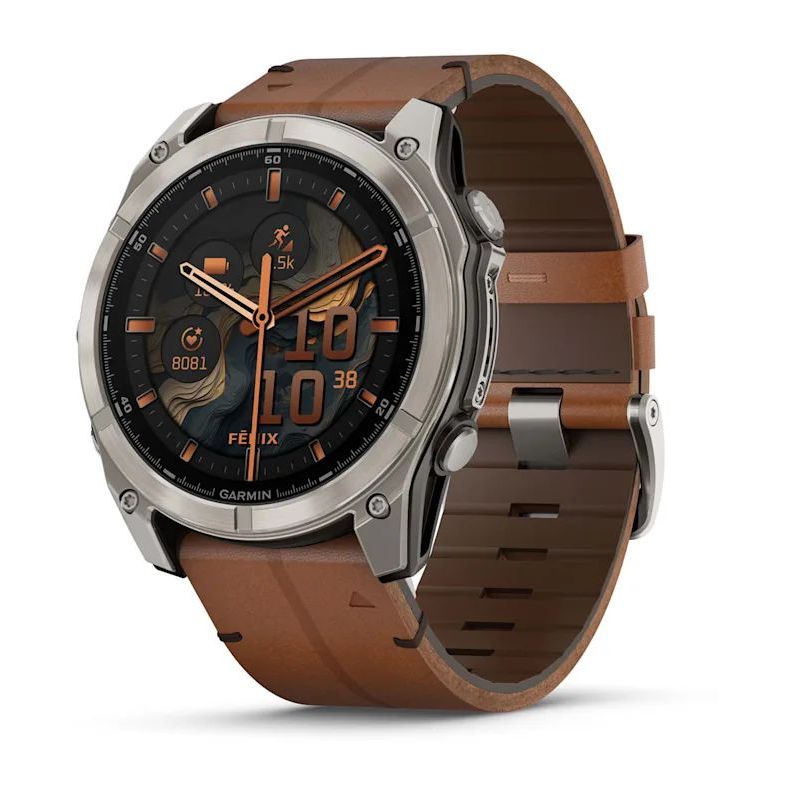 Garmin Fenix 8 51mm AMOLED Sapphire Bare Titanium Black Smartwatch - Chestnut Leather Band + Graphite Silicone Band