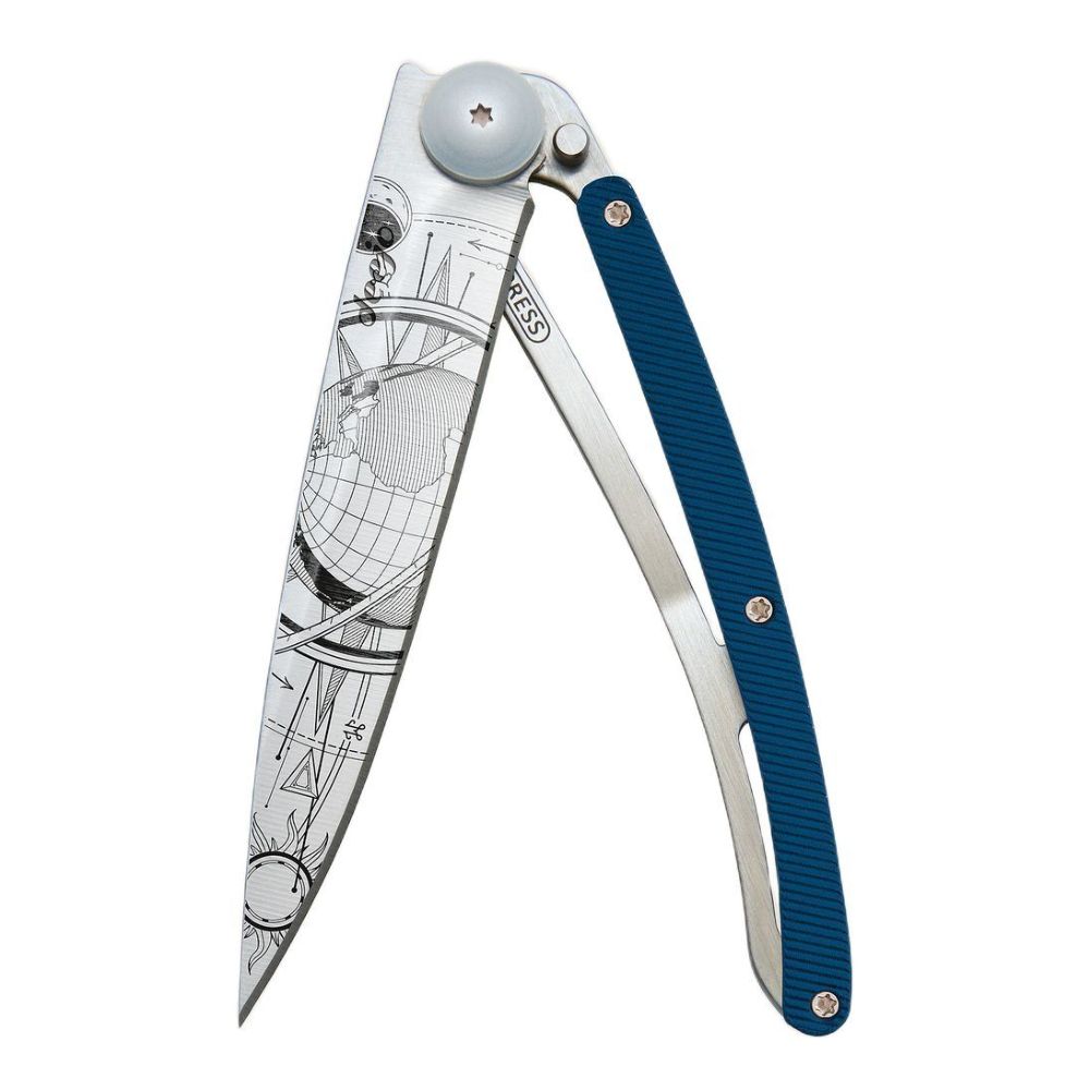 Deejo 37G Blue Aluminum Pocket Knife - Globe Trotter Blue