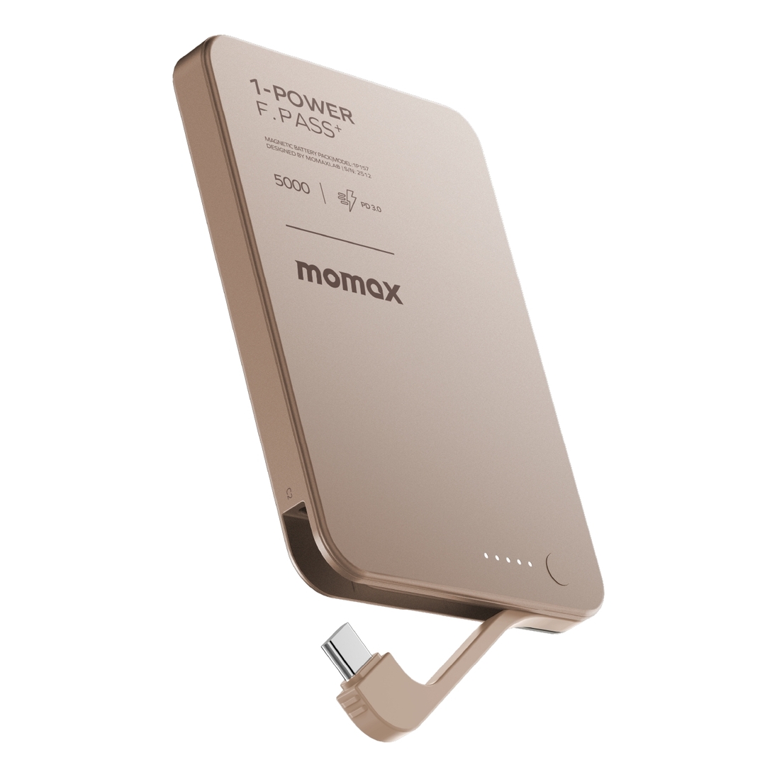 Momax 1-Power F.Pass+ 5000mAh Power Bank With Built-In Cable & Magnetic Attachment - Desert Titanium