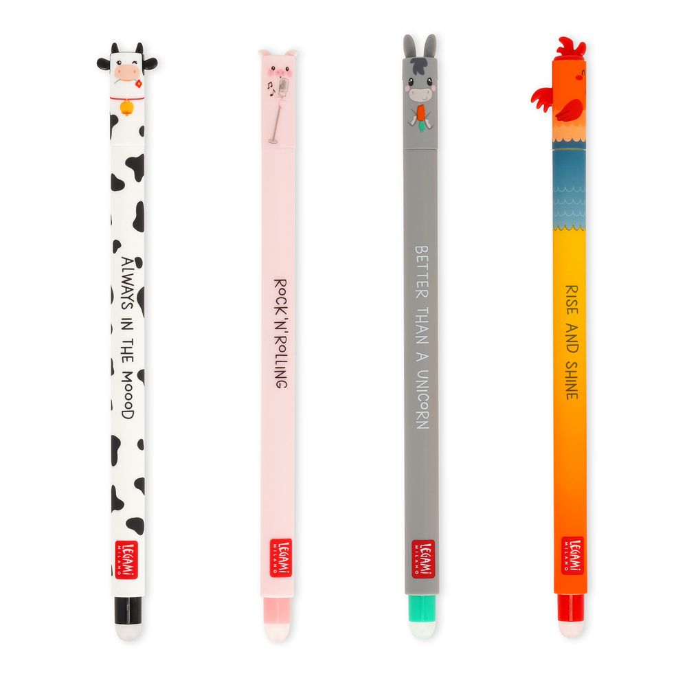 Legami Setof 4 Erasable Pens - Cow + Piggy + Donkey + Rooster