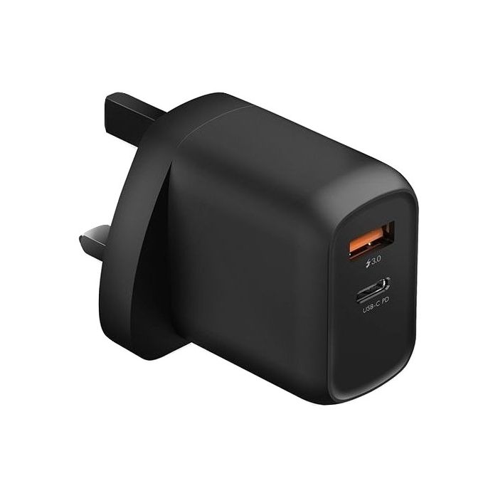 Energea Ampcharge PD18 + PD USB-C + QC USB-A Port 18W Black Wall Charger UK