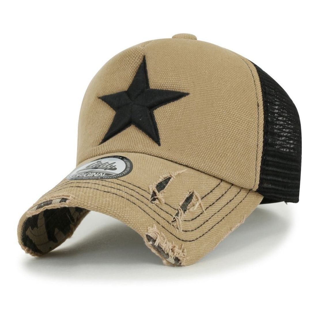 Ililiy Star Embroidery Beige Black Trucker Hat Cotton Baseball Cap