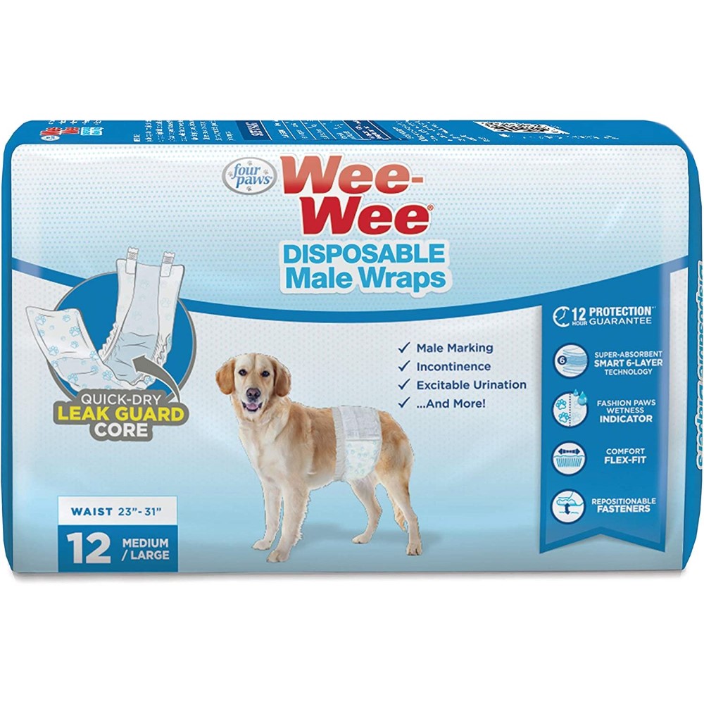 Four Paws Wee-Wee Disposable Male Dog Wraps - 12 Pack Medium/Large