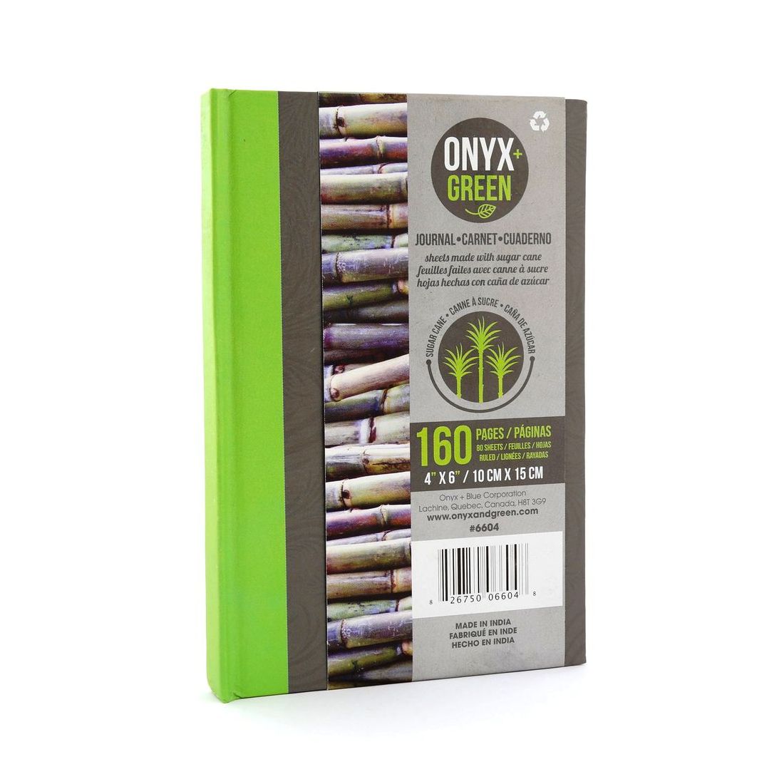 Onyx & Green Hard Cover Journal Notebook 80 Sheets of Sugar Cane Paper Ruled 4 x 6 Inches