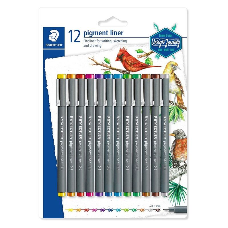 Staedtler Pigment Liner Pens - 0.5mm Nib - Assorted Colurs (Pack Of 12)