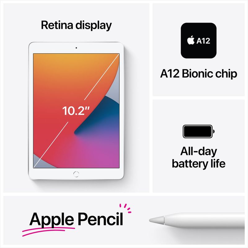 Apple iPad 10.2-Inch Wi-Fi + Cellular 32GB Silver (8th Gen) Tablet