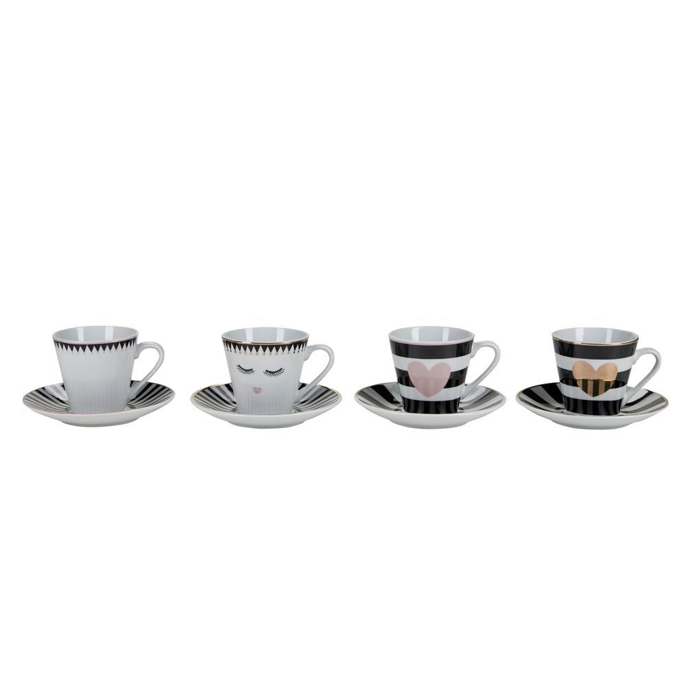 Miss Etoile Closed Eyes/Stripes and Heart Espresso Cups with Saucers (Set of 4)