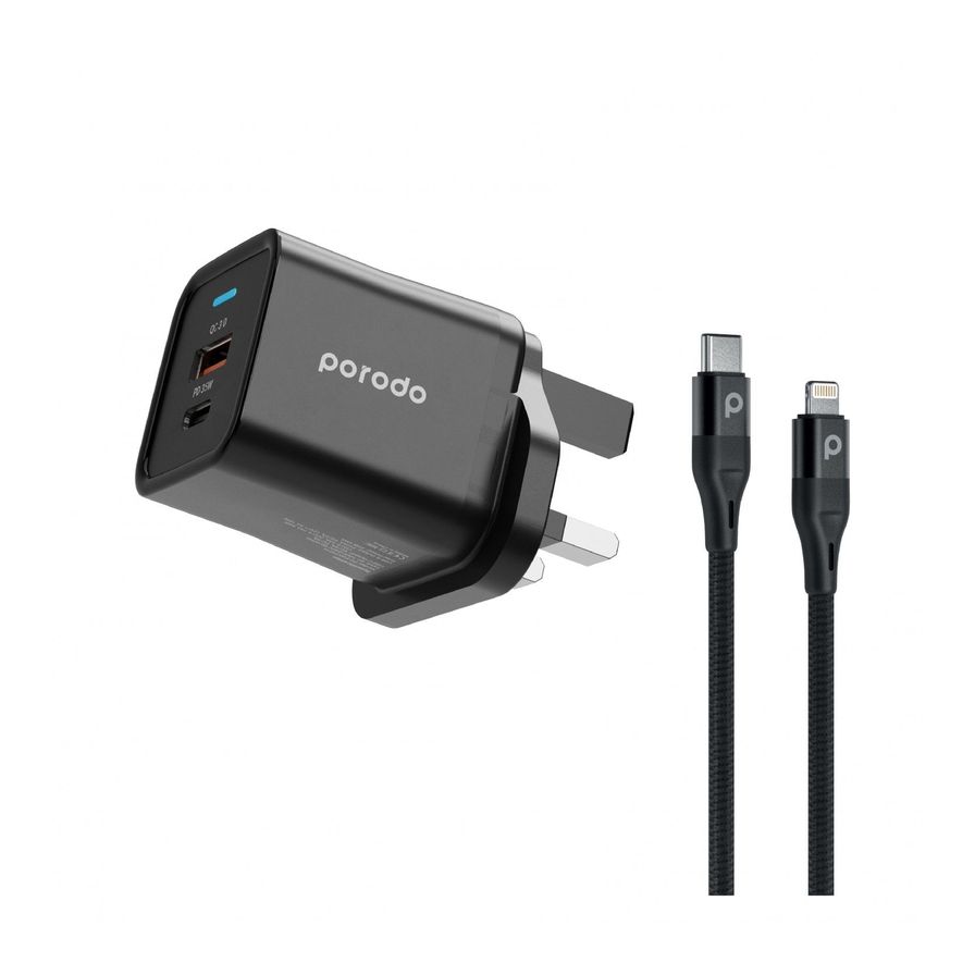 Porodo Dual Port PD + USB-A ( 35W+18W) Charger With Type-C To Lightning Cable