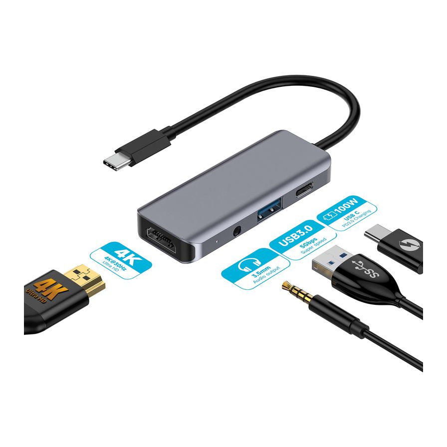 Porodo 4-in-1 HDMI 4K USB-C Hub with 100W PD