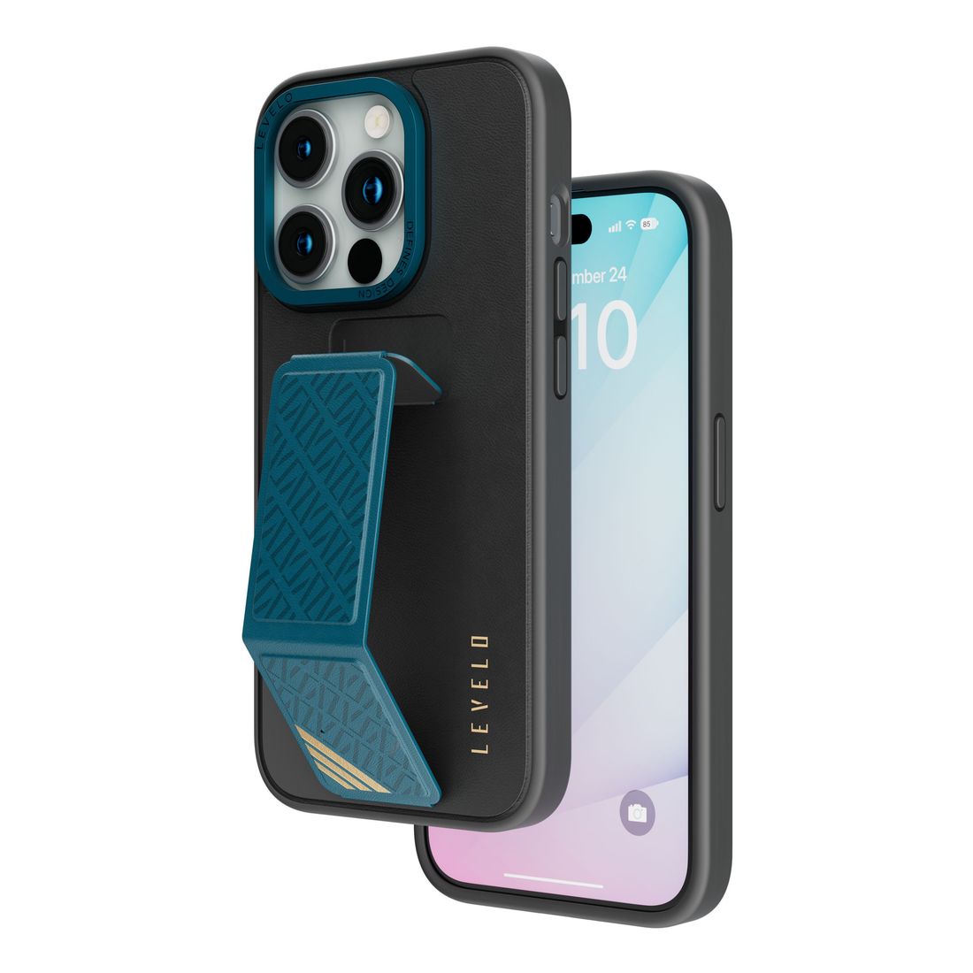 Levelo Morphix Leather Case with Kickstand Grip for iPhone 15 Pro - Black/Blue