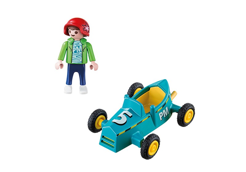 لعبة مجموعة بناء وتركيب مكعبات على شكل ولد مع عربة سباق من بلاي موبيل