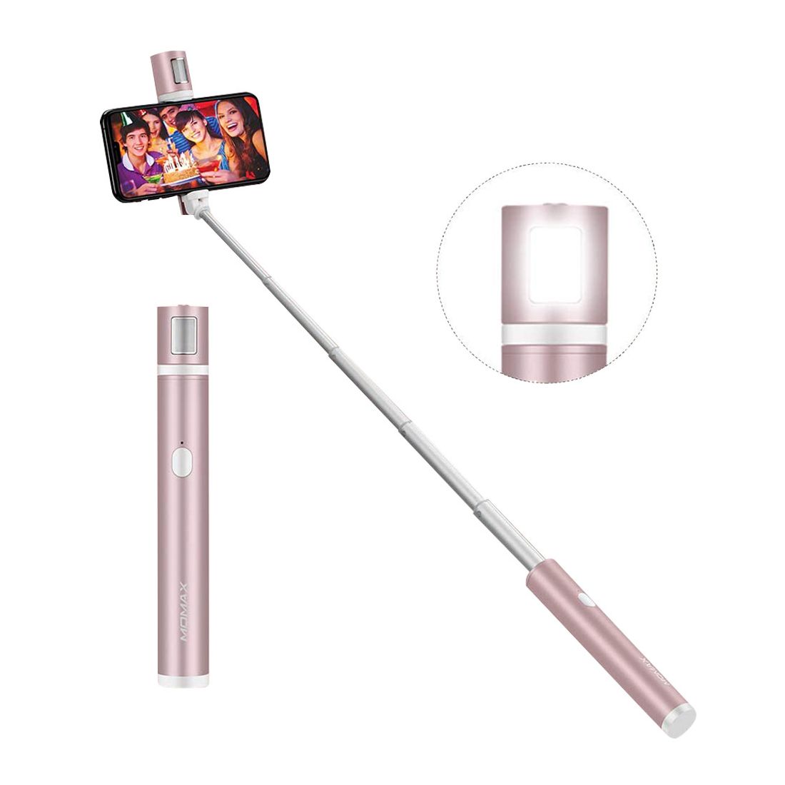 Momax Selfie Stick with Mini Led Fill Light Rose Gold