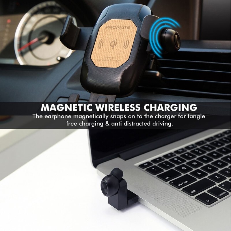 Promate AuraMount Beige 10W Qi Wireless Car Charging Mount with Bluetooth