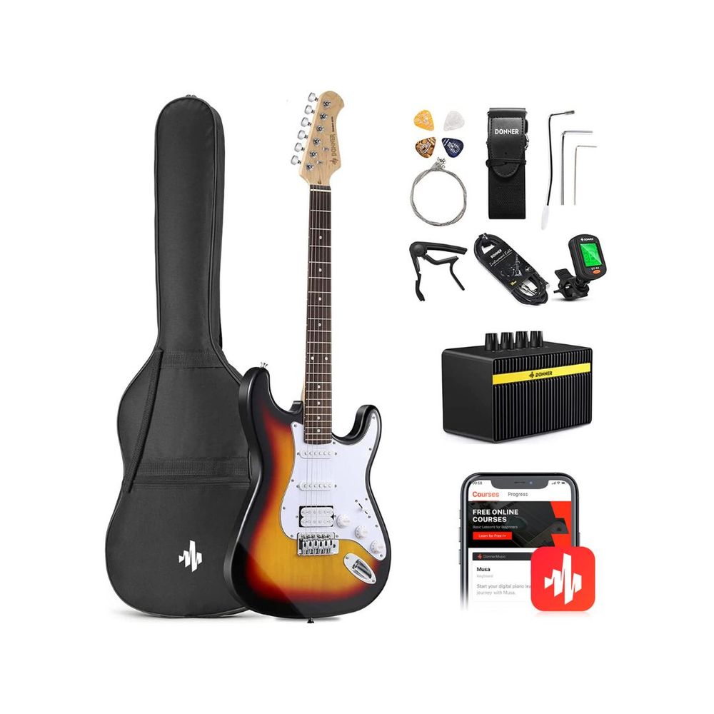 Donner DST-100S Stratocaster Electric Guitar Kit (With Amplifier/Bag/Capo/Strap/String/Tuner/Cable & Pick) - Sunburst