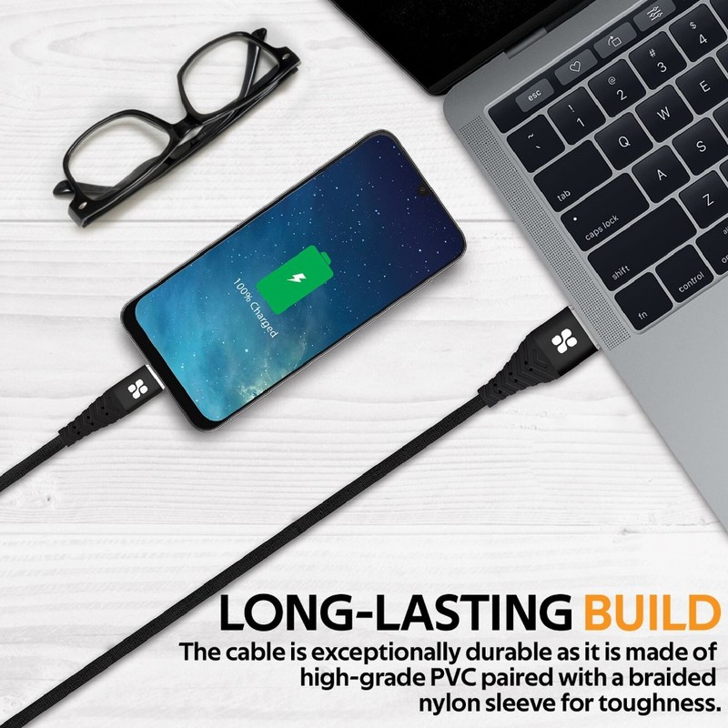 Promate Nervelink-C USB-A To USB-C Fabric Braided Data Sync & Charge Cable Black