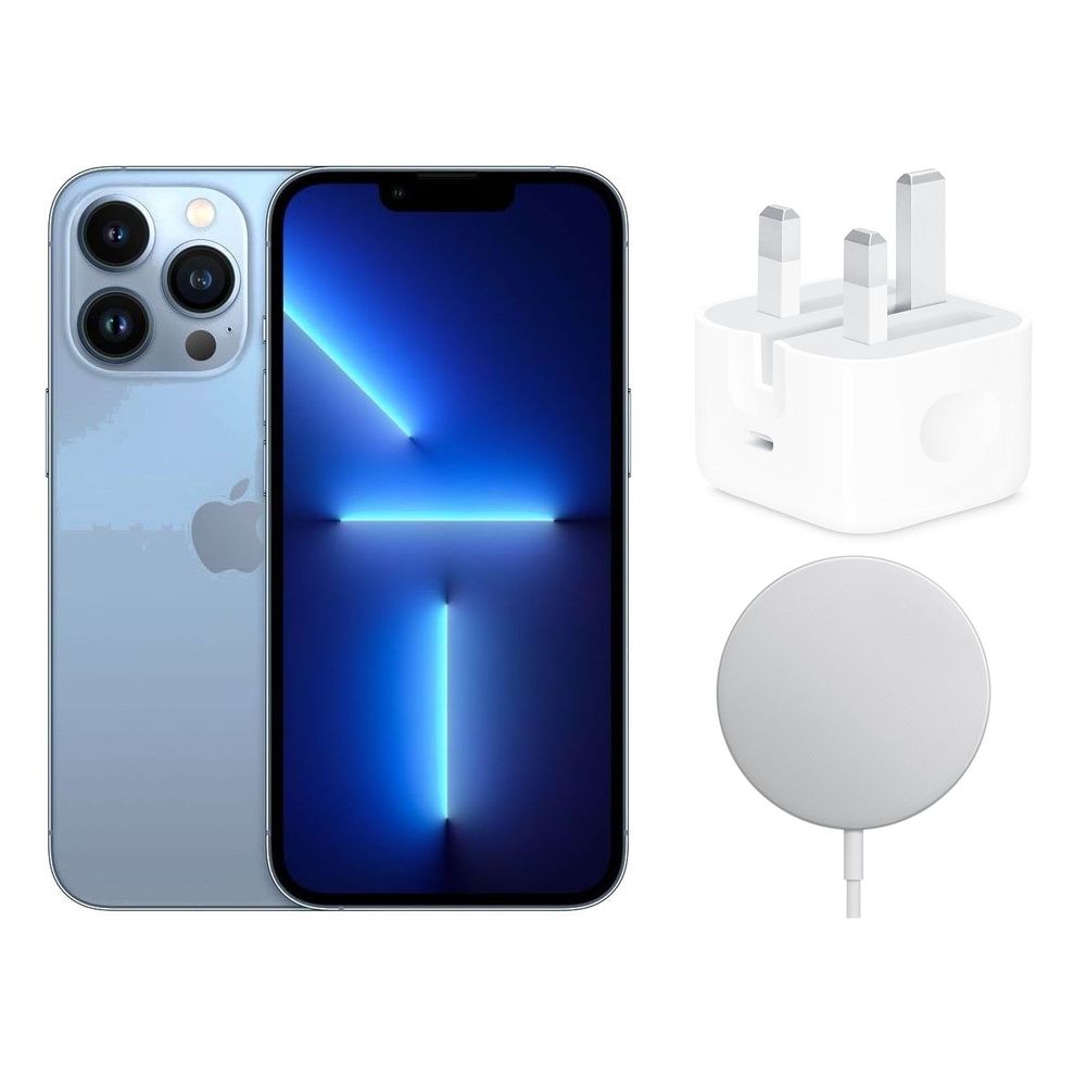 Apple iPhone 13 Pro Max 128GB Sierra Blue + Apple MagSafe Charger + Apple 20W USB-C Power Adapter (Bundle)