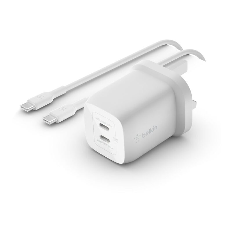 Belkin BoostCharge Pro Dual USB-C GaN Wall Charger with PPS 65W + USB-C to USB-C Cable - White Belkin BoostCharge Pro Dual USB-C GaN Wall Charger with PPS 65W + USB-C to USB-C Cable - White