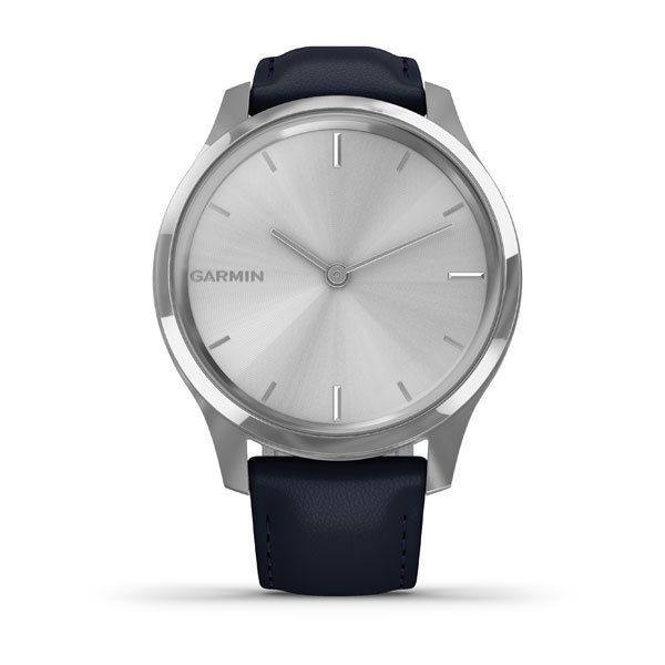 Garmin vivomove Luxe 42mm Silver Stainless Steel Case with Navy Italian Leather Band Smartwatch