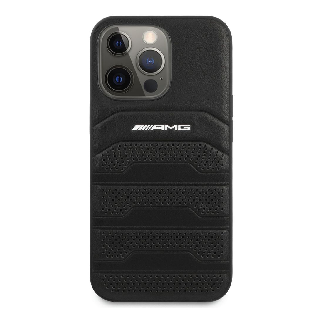 AMG Genuine Leather Case with Perforated Black Leather Debossed Lines White Logo iPhone 14 Pro Max - Black