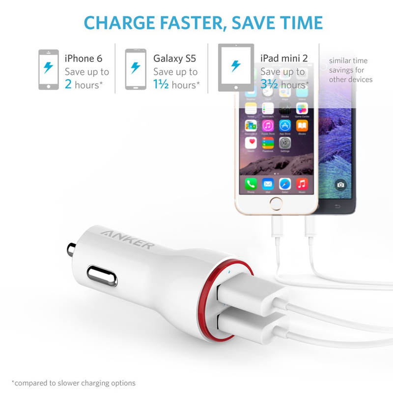 Anker 2 Port 24W White Car Charger + 3ft Micro-USB Cable