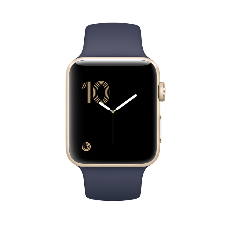ساعة أبل الإصدار الأول 38 مم الرياضية باللون الأزرق الداكن مع إطار من الألمونيوم الذهبي.