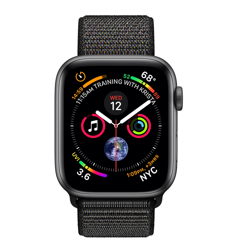 ساعة آبل من الإصدار الرابع مع جي بي إس 44 ممذات هيكل ألومنيوم باللون الرمادي الداكن مع حزام ساعة رياضي أسود