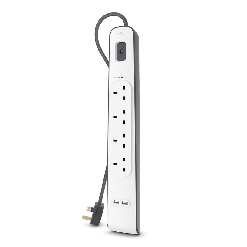 Belkin 4-Outlet Surge Protection Strip with 2.4 Amp 2X USB Charging 2M Power Cord - White Belkin 4-Outlet Surge Protection Strip with 2.4 Amp 2X USB Charging 2M Power Cord - White