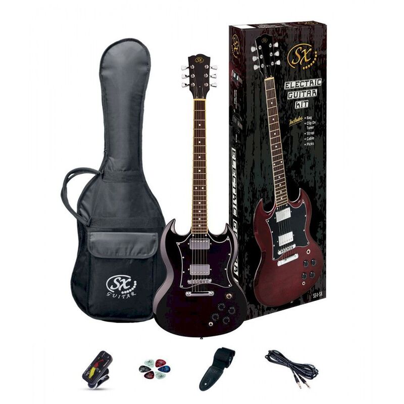 SX SE4-SK-BK Electric Guitar Kit - Black with 10' Cable - Tuner - Strap - Picks & Bag