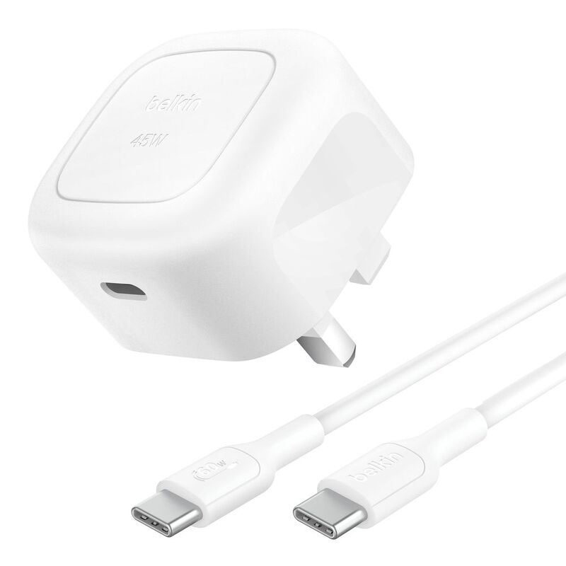 Belkin Wall Charger 45W PD USB-C + USB-C Cable 1m (UK Plug) - White
