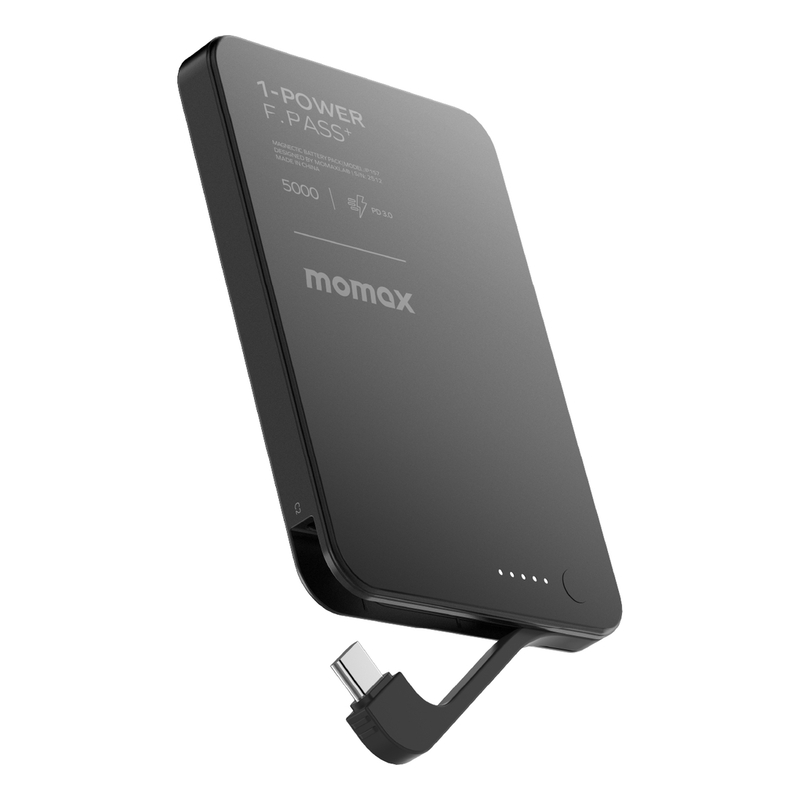Momax 1-Power F.Pass+ 5000mAh Power Bank With Built-In Cable & Magnetic Attachment - Black