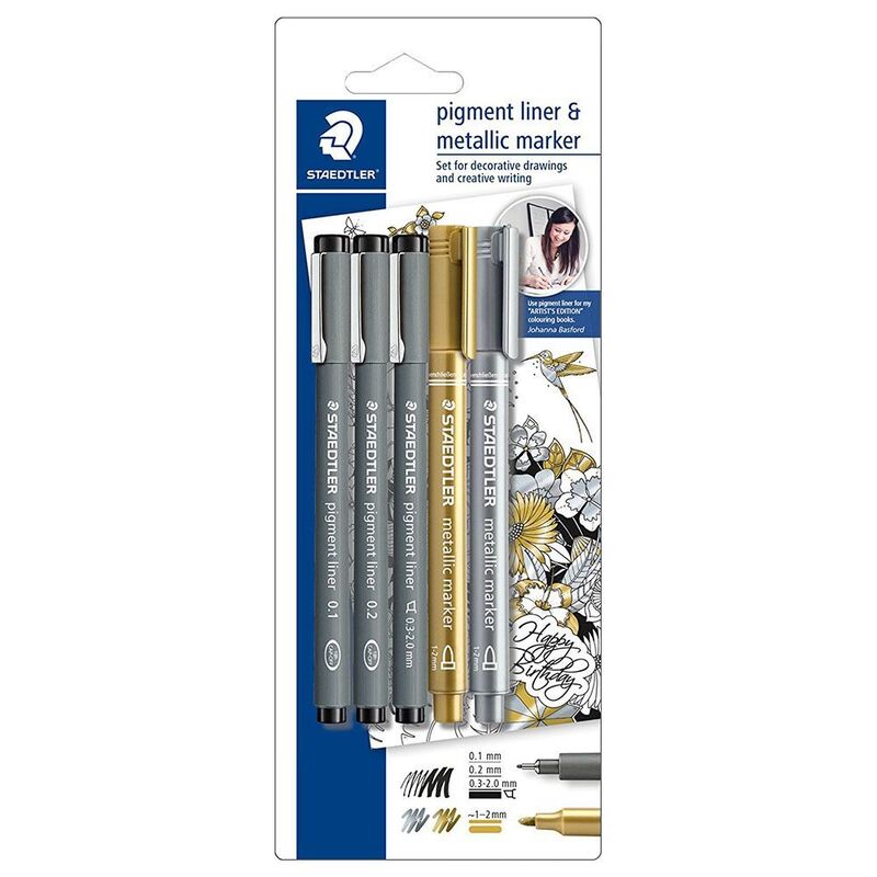 Staedtler Pigment Liner Pens - Set of 3 (1 Black / 1 Gold /1 Silver)