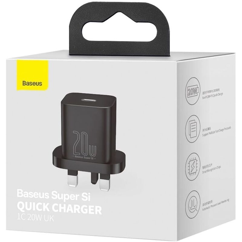 Baseus Super Si Quick Charger 1C 20W UK - White with Charging/Data Cable USB-C to Lightning PD 20W 1M - Black Baseus Super Si Quick Charger 1C 20W UK - White with Charging/Data Cable USB-C to Lightning PD 20W 1M - Black