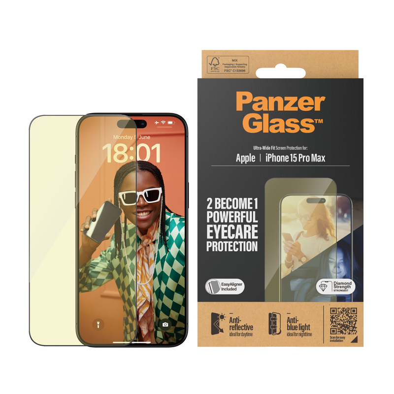 PanzerGlass Screen Protector for iPhone 15 Pro Max - UWF - Anti-Reflective & Bluelight