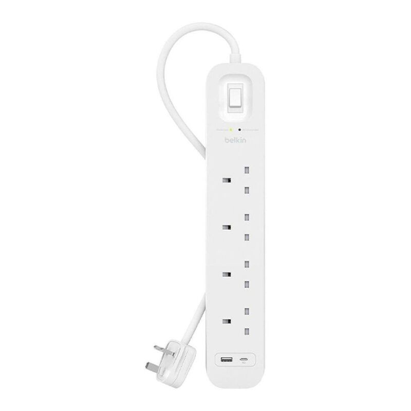 Belkin 4-Outlet Surge Protector 18W USB-A & USB-C Ports (2m Cord) - White Belkin 4-Outlet Surge Protector 18W USB-A & USB-C Ports (2m Cord) - White