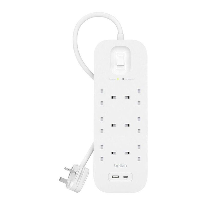 Belkin 6-Outlet Surge Protector 18W USB-A & USB-C Ports (2m Cord) - White Belkin 6-Outlet Surge Protector 18W USB-A & USB-C Ports (2m Cord) - White