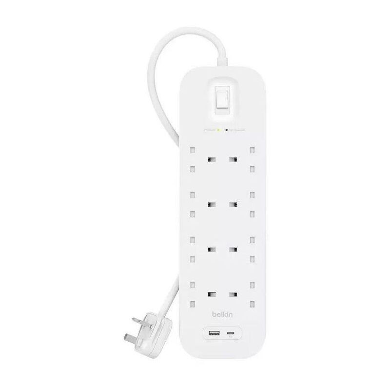 Belkin 8-Outlet Surge Protector 18W USB-A & USB-C Ports (2m Cord) - White Belkin 8-Outlet Surge Protector 18W USB-A & USB-C Ports (2m Cord) - White